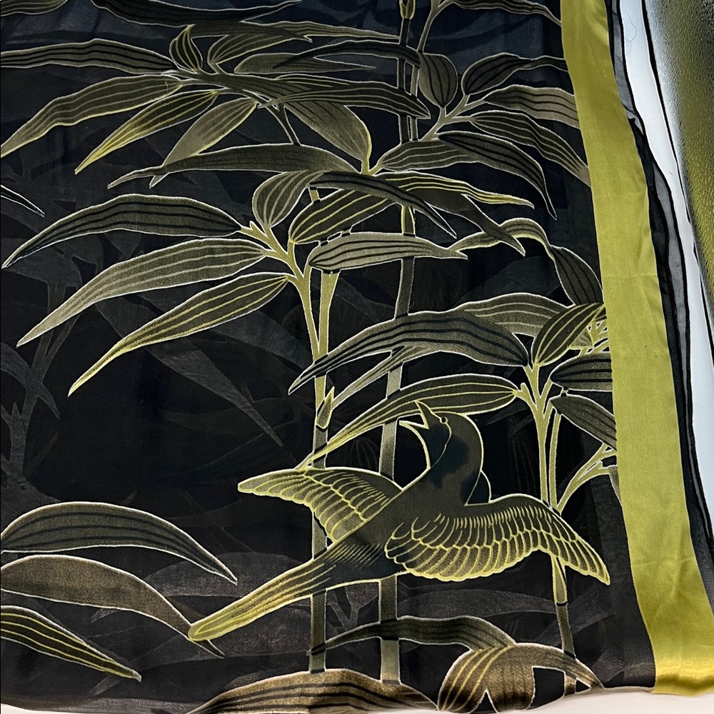 Metropolitan Museum of the Arts bird and bamboo motif w/ chartreuse border silk
